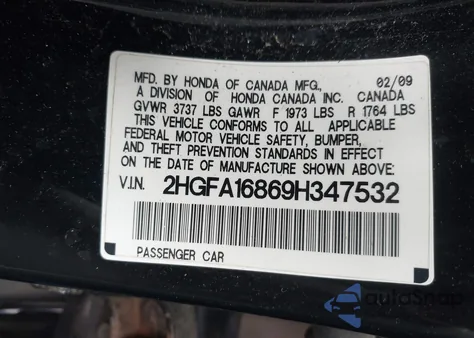 2009 Honda Civic Ex z USA, uszkodzony, nr VIN 2HGFA16869H347532